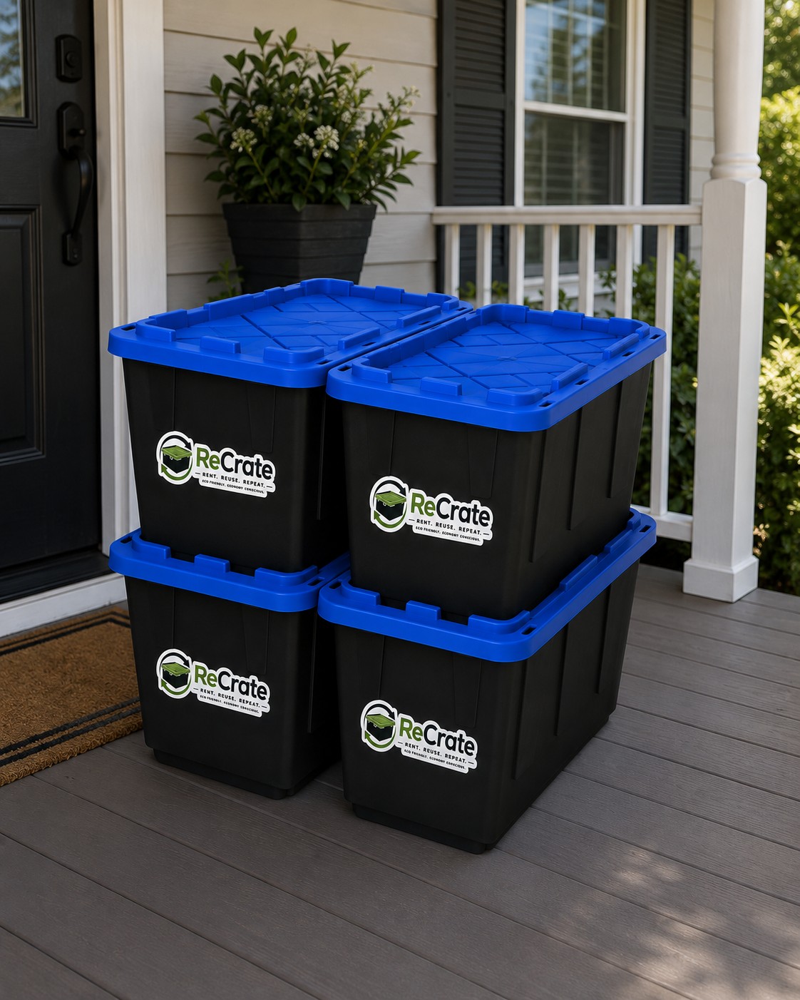 Stacked ReCrate totes delivered on a Louisville front porch, ready for a move